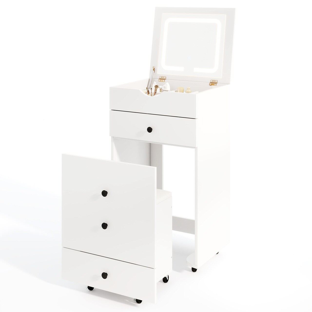 White Flip-Up Vanity Set with LED Mirror, Storage & Rolling Stool